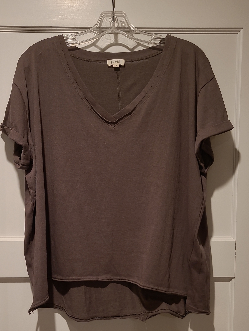 LA MIEL Taupe V-Neck Short Sleeve Tee
